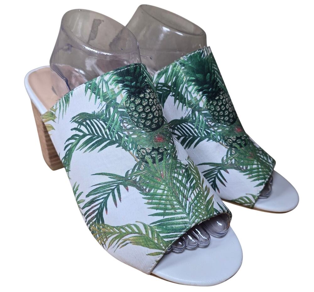 Sbicca Vintage Collection Panorama White w/ Palm Trees Heels Slides Mules Sz 10